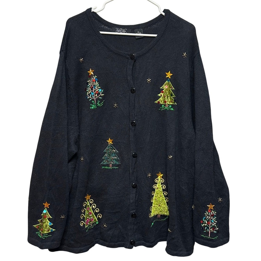 Vintage Christmas Tree Embroidered Button Up Cardigan Sweater Crystal Koke 3X‎